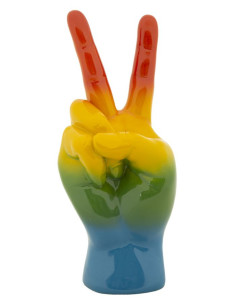 Statuette déco moderne Main Victoire Hauteur 36 cm Résine Multicolore Motif Arc en ciel Rainbow 