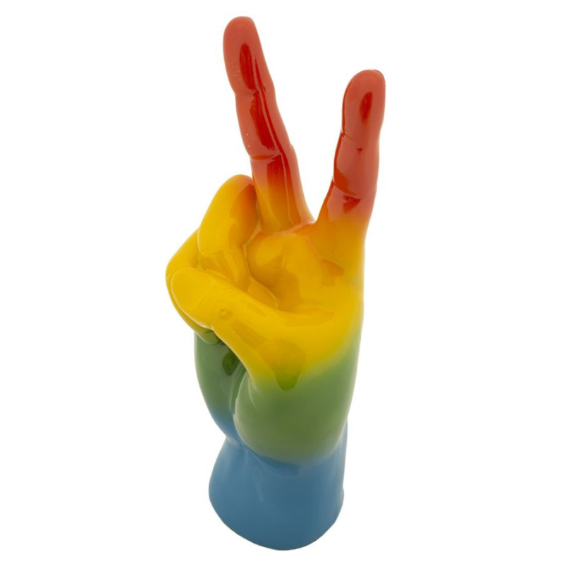 Statuette déco moderne Main Victoire Hauteur 36 cm Résine Multicolore Motif Arc en ciel Rainbow 