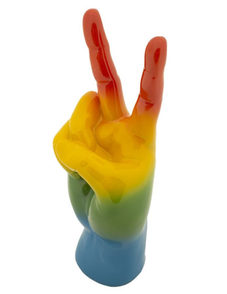 Statuette déco moderne Main Victoire Hauteur 36 cm Résine Multicolore Motif Arc en ciel Rainbow 