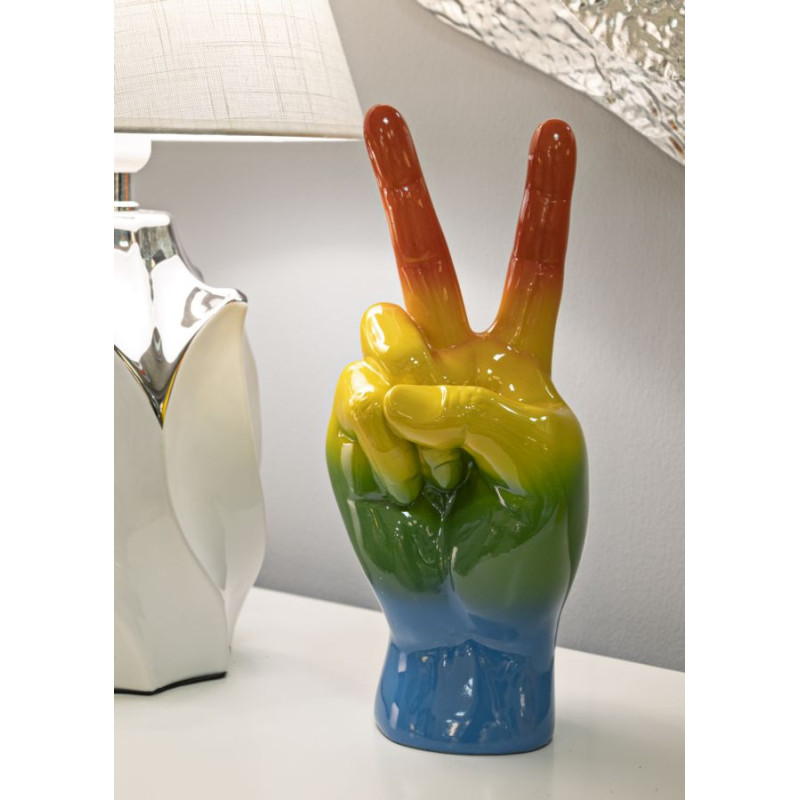 Statuette déco moderne Main Victoire Hauteur 36 cm Résine Multicolore Motif Arc en ciel Rainbow 