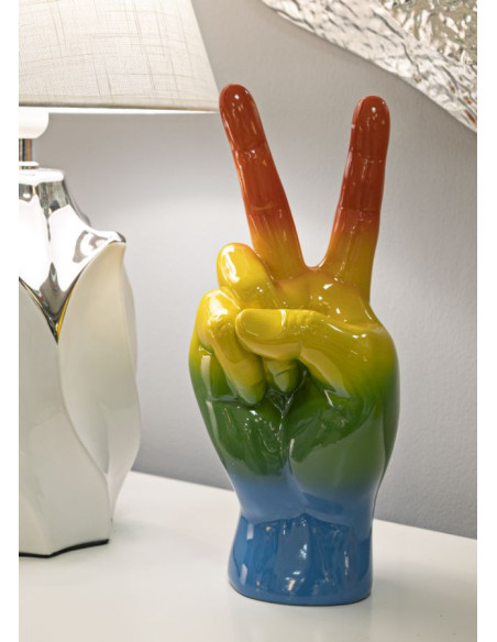 Statuette déco moderne Main Victoire Hauteur 36 cm Résine Multicolore Motif Arc en ciel Rainbow 