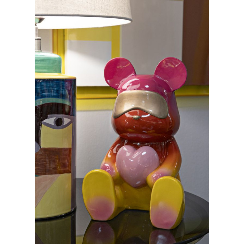 Statuette déco moderne Ourson assis Hauteur 32 cm Résine Multicolore Motif Arc en ciel Rainbow 