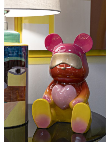 Statuette déco moderne Ourson assis Hauteur 32 cm Résine Multicolore Motif Arc en ciel Rainbow 