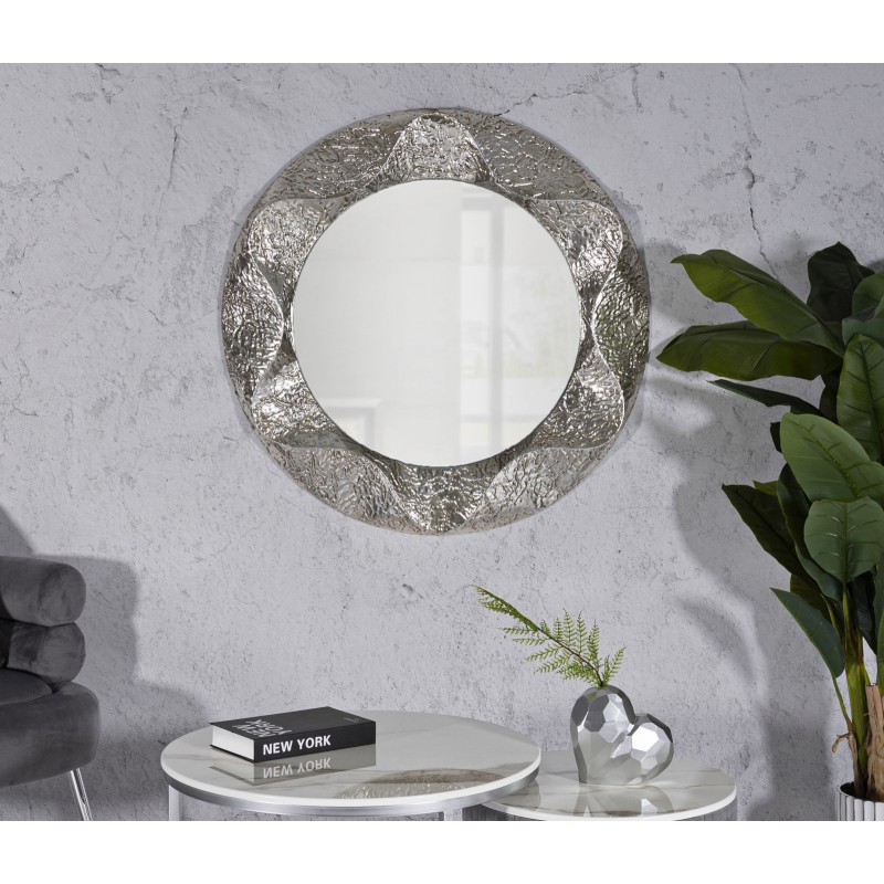 Grand Miroir mural moderne Rond 104x104 Métal Argenté Bois MDF Argelux 