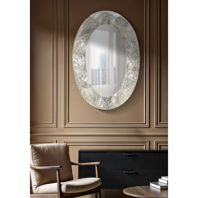 Grand Miroir mural moderne Ovale 87x128 Métal Argenté Bois MDF Argelux 
