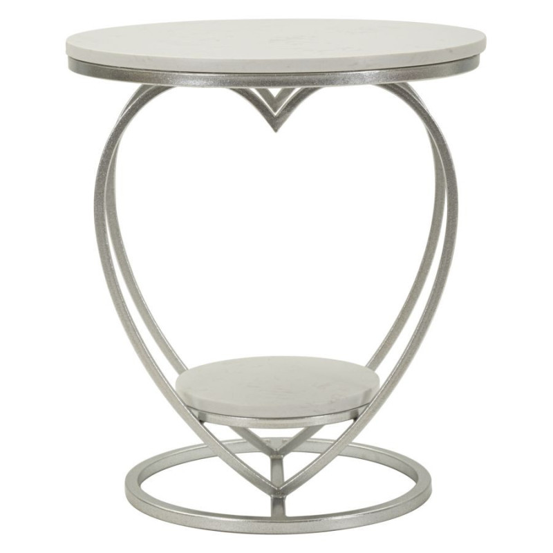 Table d'appoint moderne Coeur Ronde 1 étagère 40 cm Métal Argenté Marbre Blanc Heart 