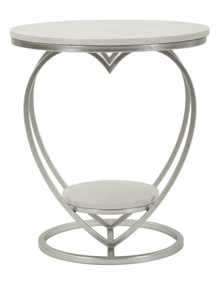 Table d'appoint moderne Coeur Ronde 1 étagère 40 cm Métal Argenté Marbre Blanc Heart 