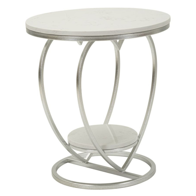 Table d'appoint moderne Coeur Ronde 1 étagère 40 cm Métal Argenté Marbre Blanc Heart 