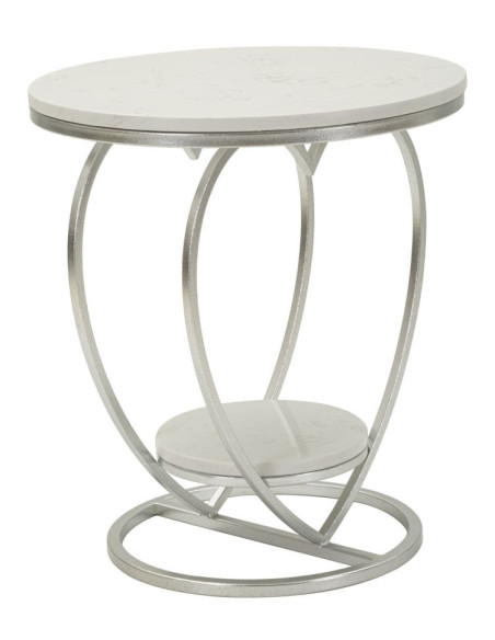 Table d'appoint moderne Coeur Ronde 1 étagère 40 cm Métal Argenté Marbre Blanc Heart 