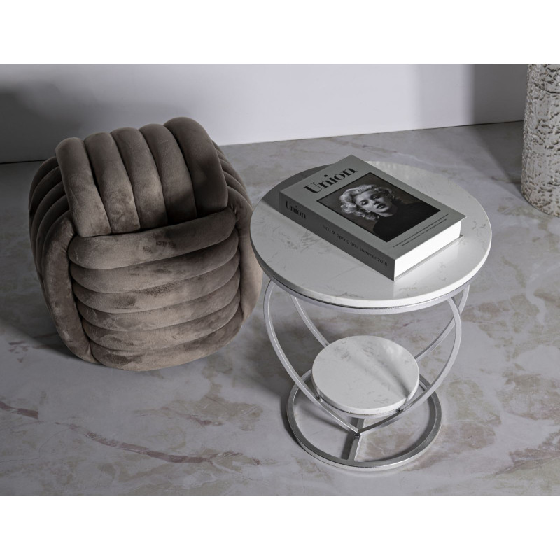 Table d'appoint moderne Coeur Ronde 1 étagère 40 cm Métal Argenté Marbre Blanc Heart 