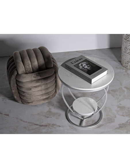 Table d'appoint moderne Coeur Ronde 1 étagère 40 cm Métal Argenté Marbre Blanc Heart 