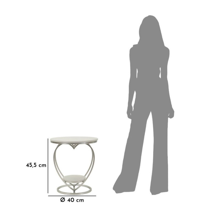 Table d'appoint moderne Coeur Ronde 1 étagère 40 cm Métal Argenté Marbre Blanc Heart 