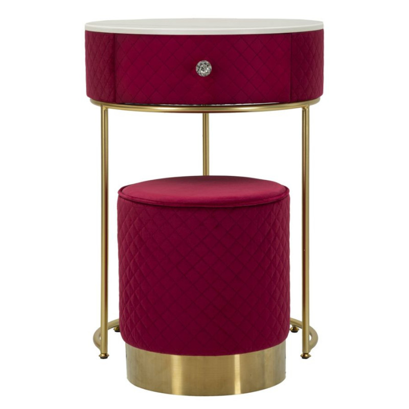 Petite Coiffeuse avec pouf Ronde 1 tiroir Velours Rouge Bois MDF Métal Doré Vellit 