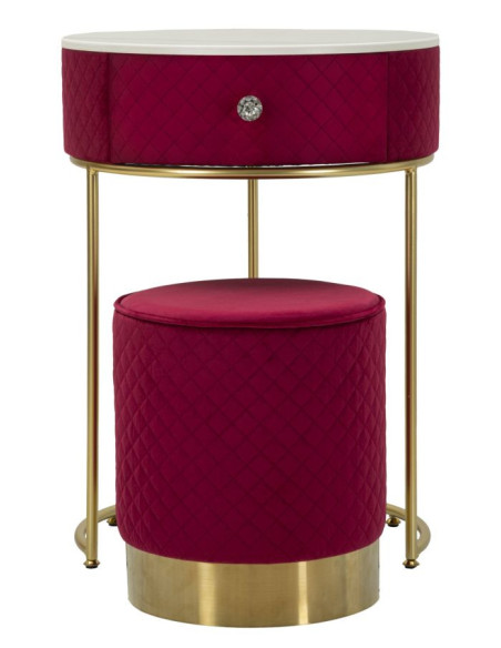 Petite Coiffeuse avec pouf Ronde 1 tiroir Velours Rouge Bois MDF Métal Doré Vellit 