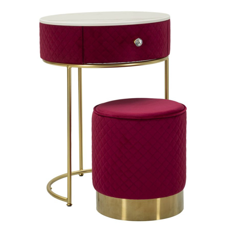 Petite Coiffeuse avec pouf Ronde 1 tiroir Velours Rouge Bois MDF Métal Doré Vellit 
