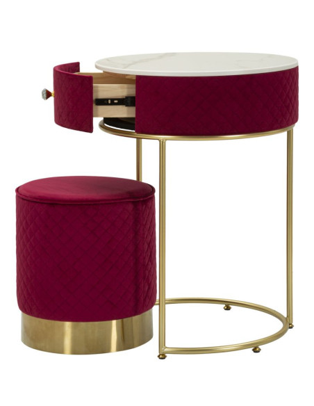 Petite Coiffeuse avec pouf Ronde 1 tiroir Velours Rouge Bois MDF Métal Doré Vellit 