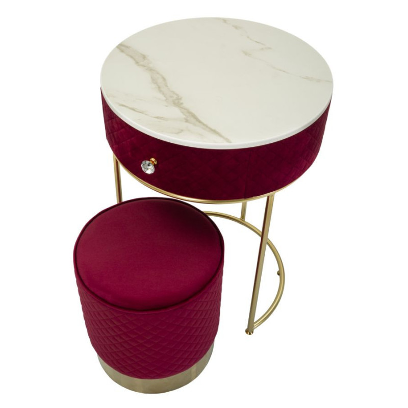 Petite Coiffeuse avec pouf Ronde 1 tiroir Velours Rouge Bois MDF Métal Doré Vellit 