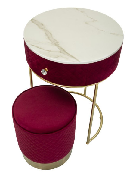 Petite Coiffeuse avec pouf Ronde 1 tiroir Velours Rouge Bois MDF Métal Doré Vellit 
