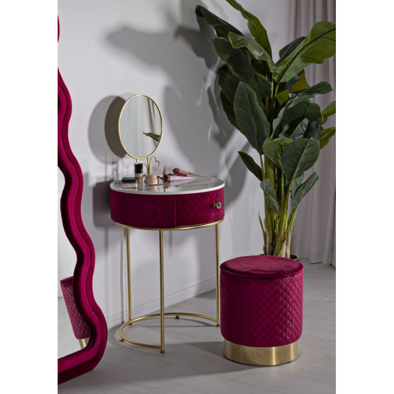 Petite Coiffeuse avec pouf Ronde 1 tiroir Velours Rouge Bois MDF Métal Doré Vellit 