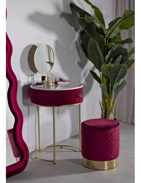 Petite Coiffeuse avec pouf Ronde 1 tiroir Velours Rouge Bois MDF Métal Doré Vellit 