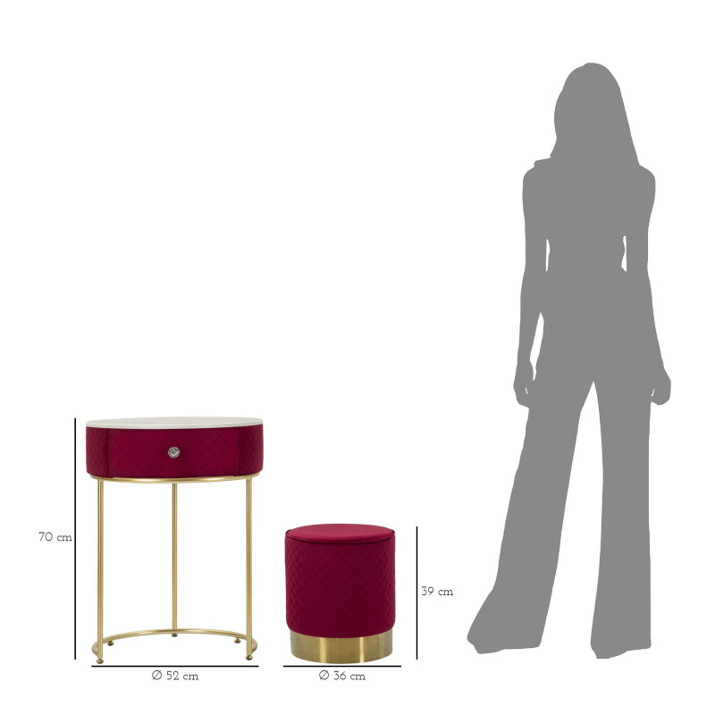 Petite Coiffeuse avec pouf Ronde 1 tiroir Velours Rouge Bois MDF Métal Doré Vellit 
