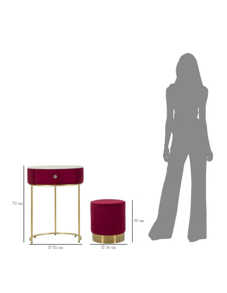 Petite Coiffeuse avec pouf Ronde 1 tiroir Velours Rouge Bois MDF Métal Doré Vellit 