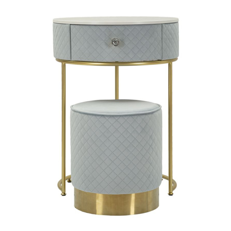 Petite Coiffeuse avec pouf Ronde 1 tiroir Velours Bleu clair Bois MDF Métal Doré Vellit 