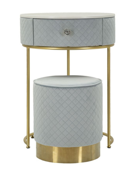 Petite Coiffeuse avec pouf Ronde 1 tiroir Velours Bleu clair Bois MDF Métal Doré Vellit 
