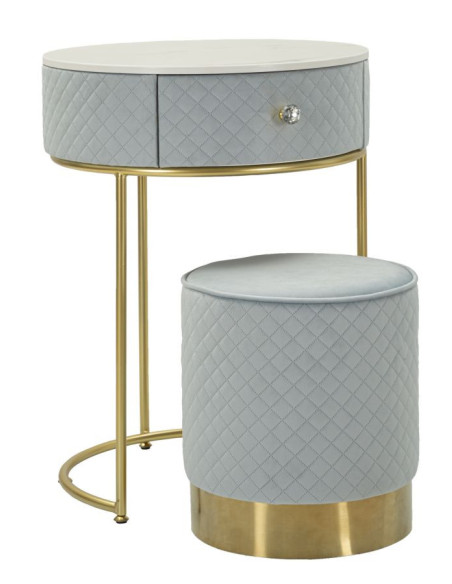 Petite Coiffeuse avec pouf Ronde 1 tiroir Velours Bleu clair Bois MDF Métal Doré Vellit 