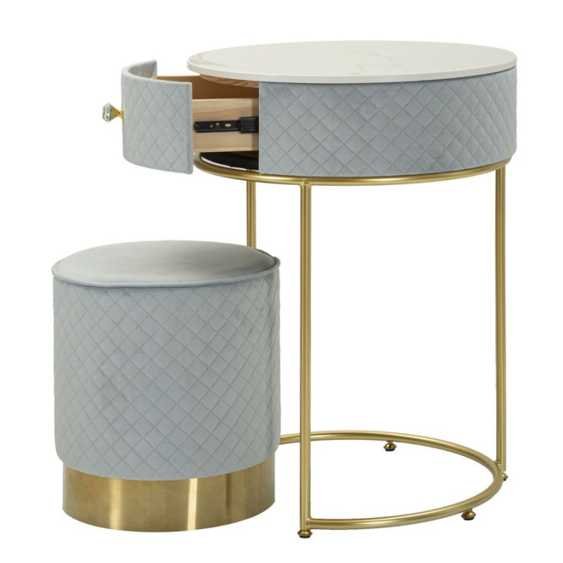 Petite Coiffeuse avec pouf Ronde 1 tiroir Velours Bleu clair Bois MDF Métal Doré Vellit 