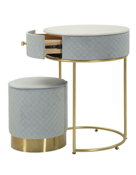 Petite Coiffeuse avec pouf Ronde 1 tiroir Velours Bleu clair Bois MDF Métal Doré Vellit 