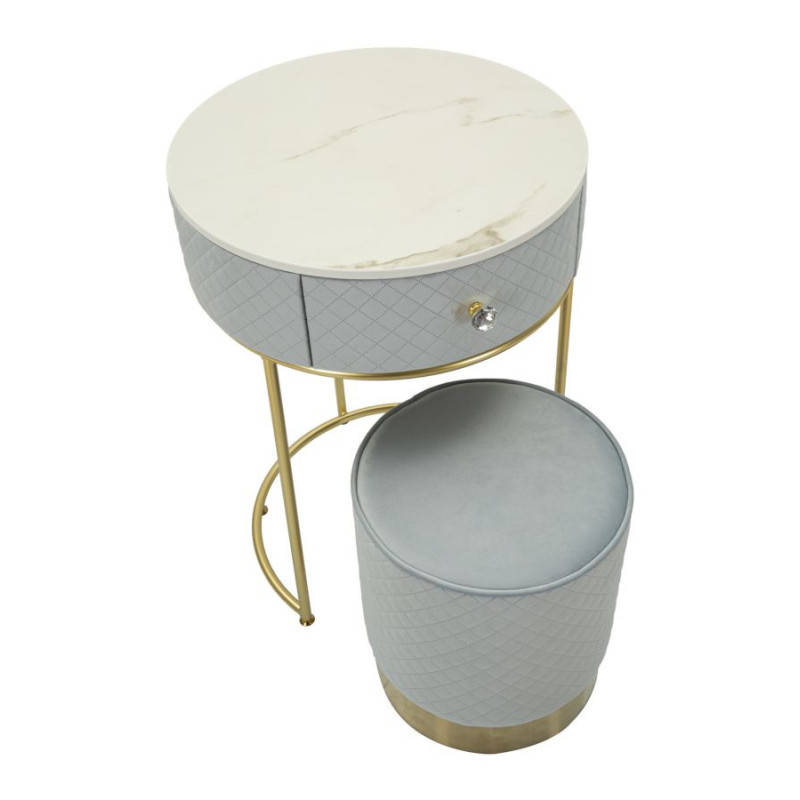 Petite Coiffeuse avec pouf Ronde 1 tiroir Velours Bleu clair Bois MDF Métal Doré Vellit 