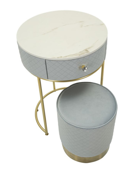 Petite Coiffeuse avec pouf Ronde 1 tiroir Velours Bleu clair Bois MDF Métal Doré Vellit 