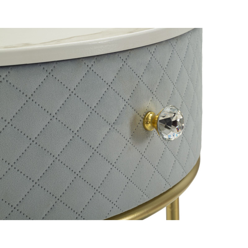 Petite Coiffeuse avec pouf Ronde 1 tiroir Velours Bleu clair Bois MDF Métal Doré Vellit 