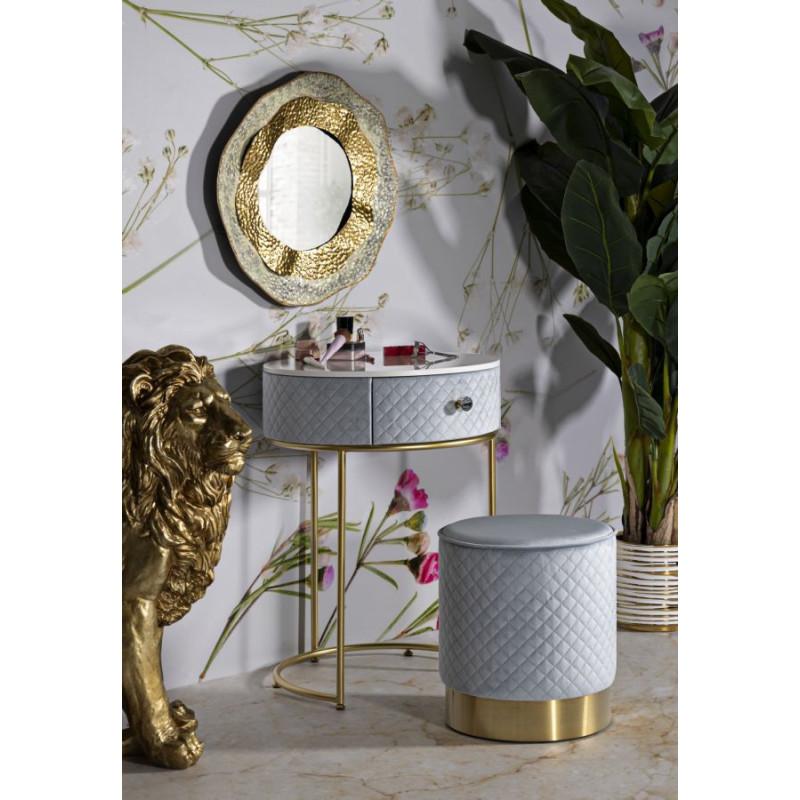 Petite Coiffeuse avec pouf Ronde 1 tiroir Velours Bleu clair Bois MDF Métal Doré Vellit 