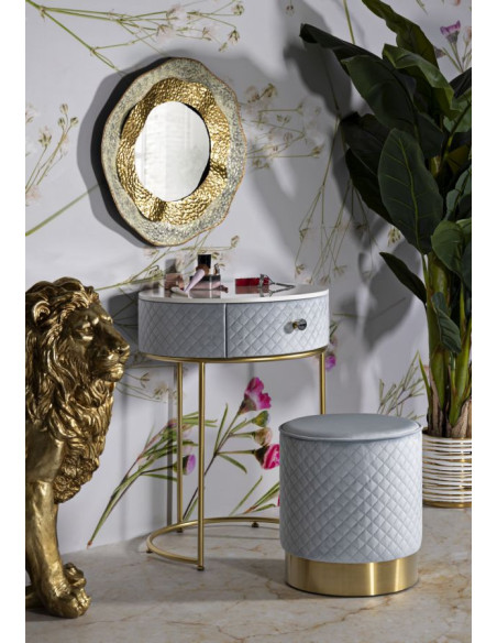 Petite Coiffeuse avec pouf Ronde 1 tiroir Velours Bleu clair Bois MDF Métal Doré Vellit 
