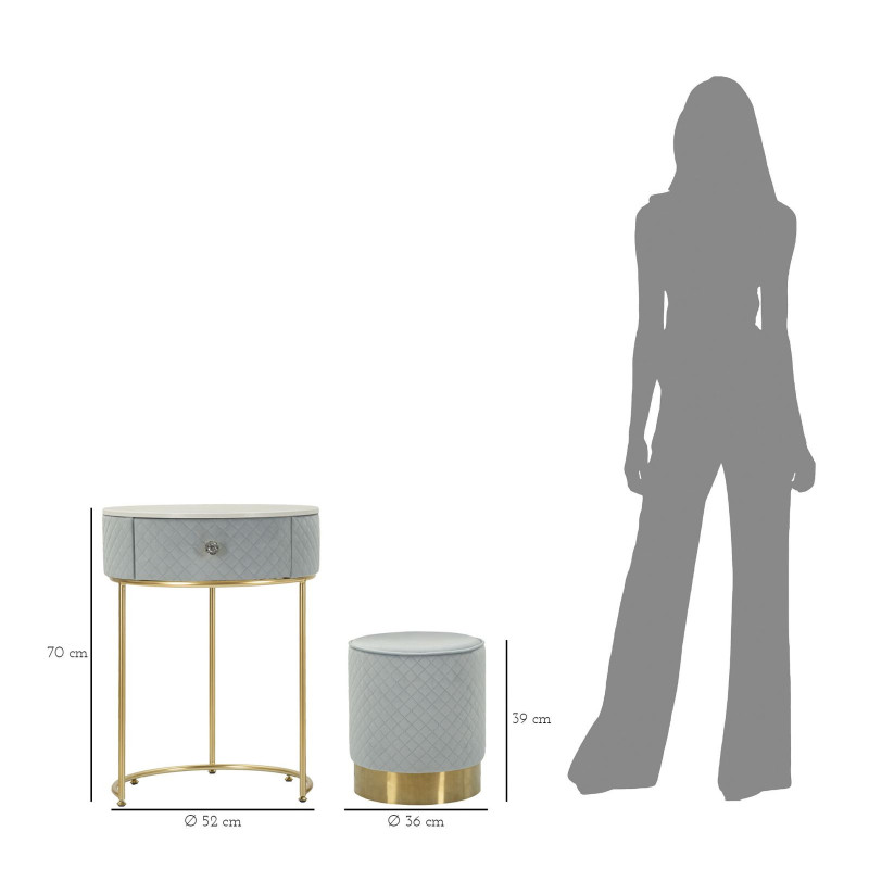 Petite Coiffeuse avec pouf Ronde 1 tiroir Velours Bleu clair Bois MDF Métal Doré Vellit 