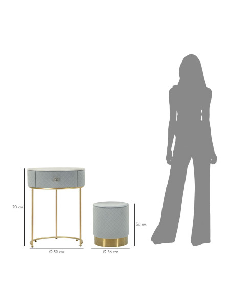 Petite Coiffeuse avec pouf Ronde 1 tiroir Velours Bleu clair Bois MDF Métal Doré Vellit 