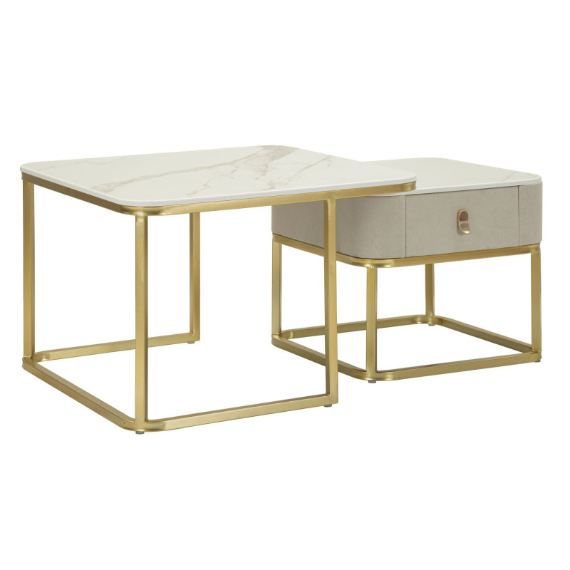 Table basse gigogne moderne chic Carrée 1 tiroir Bois de sapin Blanc crème Bois MDF Blanc Effet marbre Métal Doré Beauty 