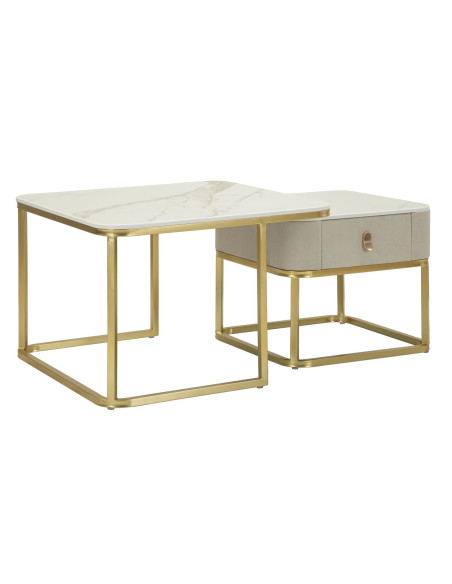 Table basse gigogne moderne chic Carrée 1 tiroir Bois de sapin Blanc crème Bois MDF Blanc Effet marbre Métal Doré Beauty 