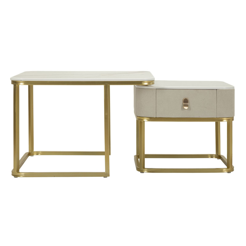 Table basse gigogne moderne chic Carrée 1 tiroir Bois de sapin Blanc crème Bois MDF Blanc Effet marbre Métal Doré Beauty 