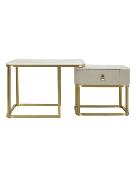 Table basse gigogne moderne chic Carrée 1 tiroir Bois de sapin Blanc crème Bois MDF Blanc Effet marbre Métal Doré Beauty 