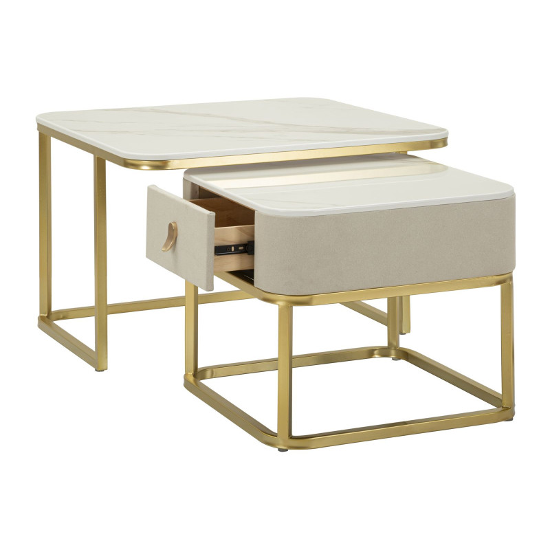 Table basse gigogne moderne chic Carrée 1 tiroir Bois de sapin Blanc crème Bois MDF Blanc Effet marbre Métal Doré Beauty 