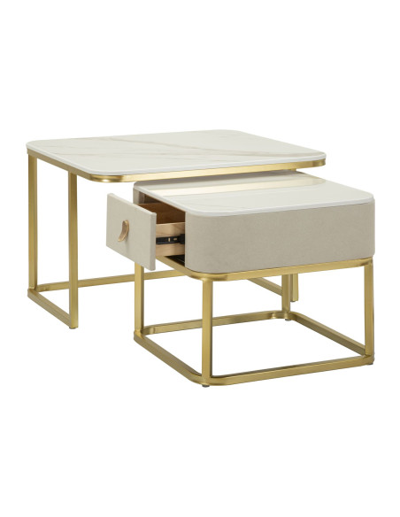 Table basse gigogne moderne chic Carrée 1 tiroir Bois de sapin Blanc crème Bois MDF Blanc Effet marbre Métal Doré Beauty 