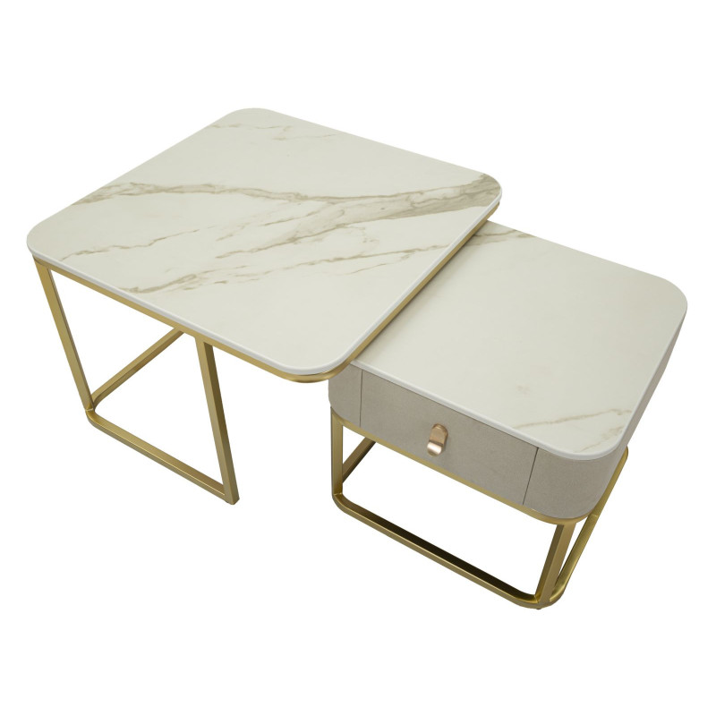 Table basse gigogne moderne chic Carrée 1 tiroir Bois de sapin Blanc crème Bois MDF Blanc Effet marbre Métal Doré Beauty 