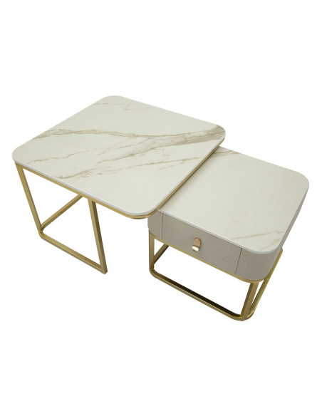 Table basse gigogne moderne chic Carrée 1 tiroir Bois de sapin Blanc crème Bois MDF Blanc Effet marbre Métal Doré Beauty 