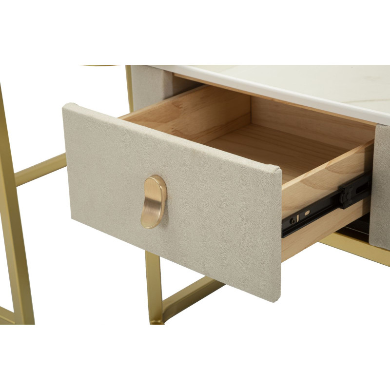 Table basse gigogne moderne chic Carrée 1 tiroir Bois de sapin Blanc crème Bois MDF Blanc Effet marbre Métal Doré Beauty 