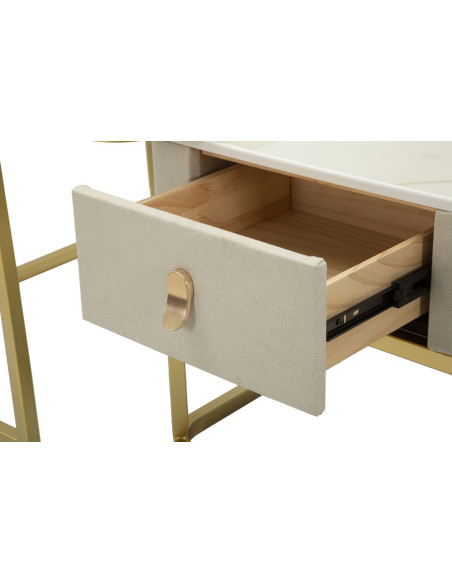 Table basse gigogne moderne chic Carrée 1 tiroir Bois de sapin Blanc crème Bois MDF Blanc Effet marbre Métal Doré Beauty 