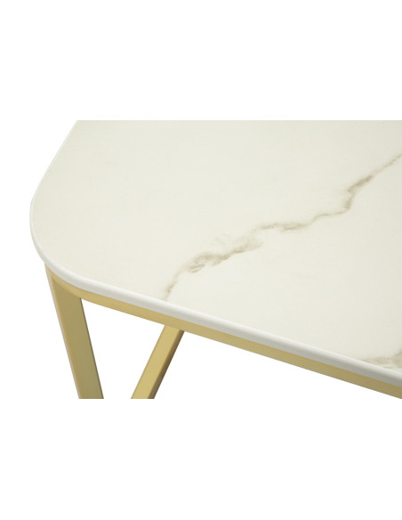 Table basse gigogne moderne chic Carrée 1 tiroir Bois de sapin Blanc crème Bois MDF Blanc Effet marbre Métal Doré Beauty 