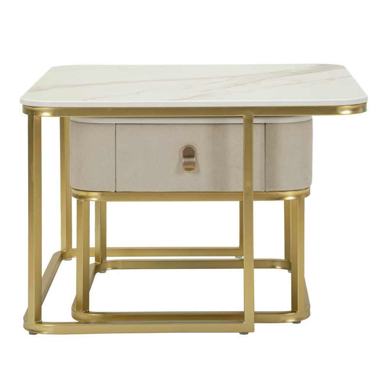 Table basse gigogne moderne chic Carrée 1 tiroir Bois de sapin Blanc crème Bois MDF Blanc Effet marbre Métal Doré Beauty 